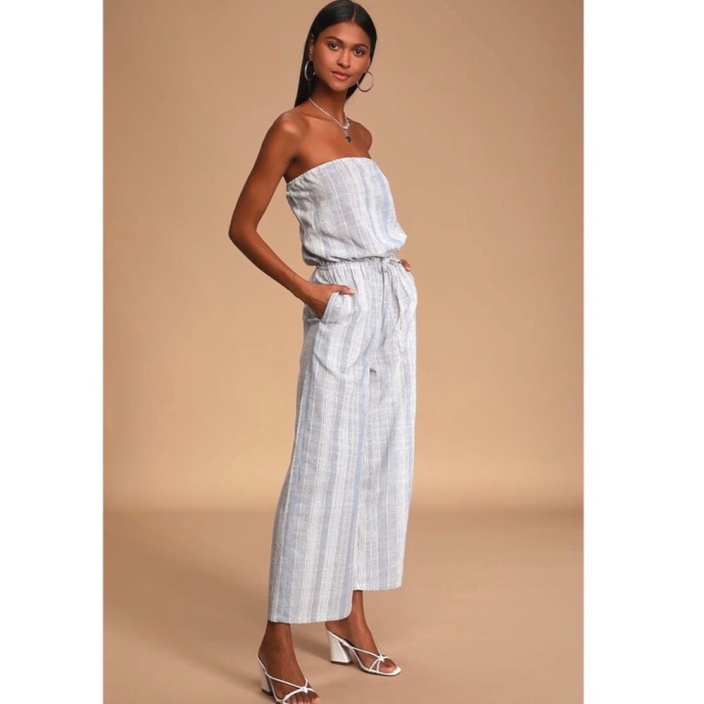 Lulus blue & white striped strapless jumpsuit summer beach vacation travel S